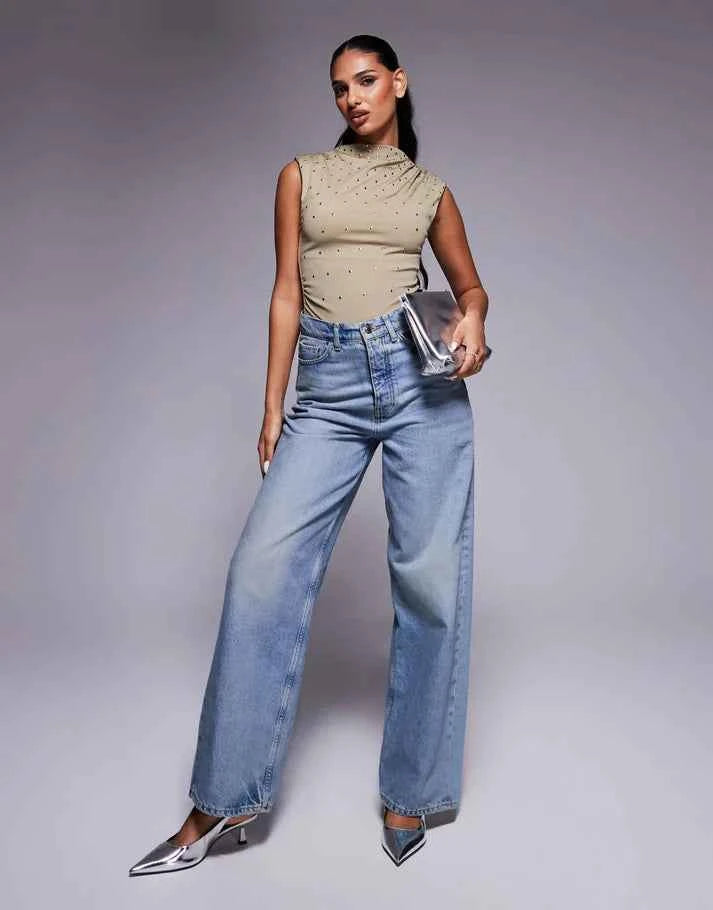 ASOS DESIGN high neck hotfix stud bodysuit in light khaki