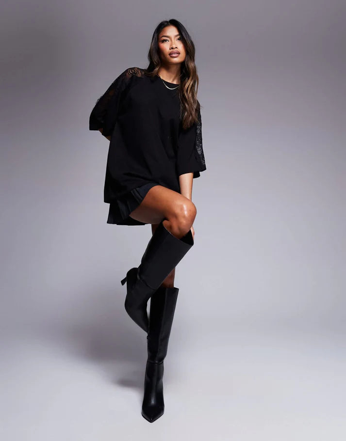 ASOS DESIGN oversized tee with lace insert in black