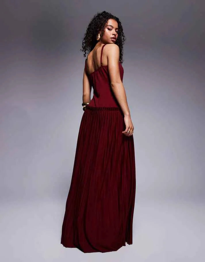 ASOS DESIGN Petite square neck pleated maxi dress with dropped waist in wine
