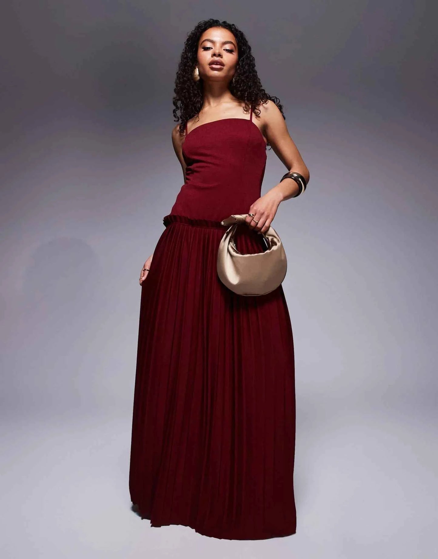 ASOS DESIGN Petite square neck pleated maxi dress with dropped waist in wine