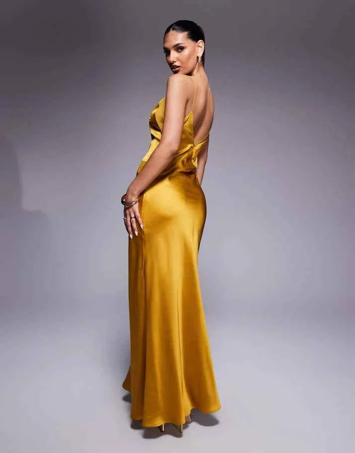 ASOS DESIGN satin chiffon mix square high neck maxi dress in gold