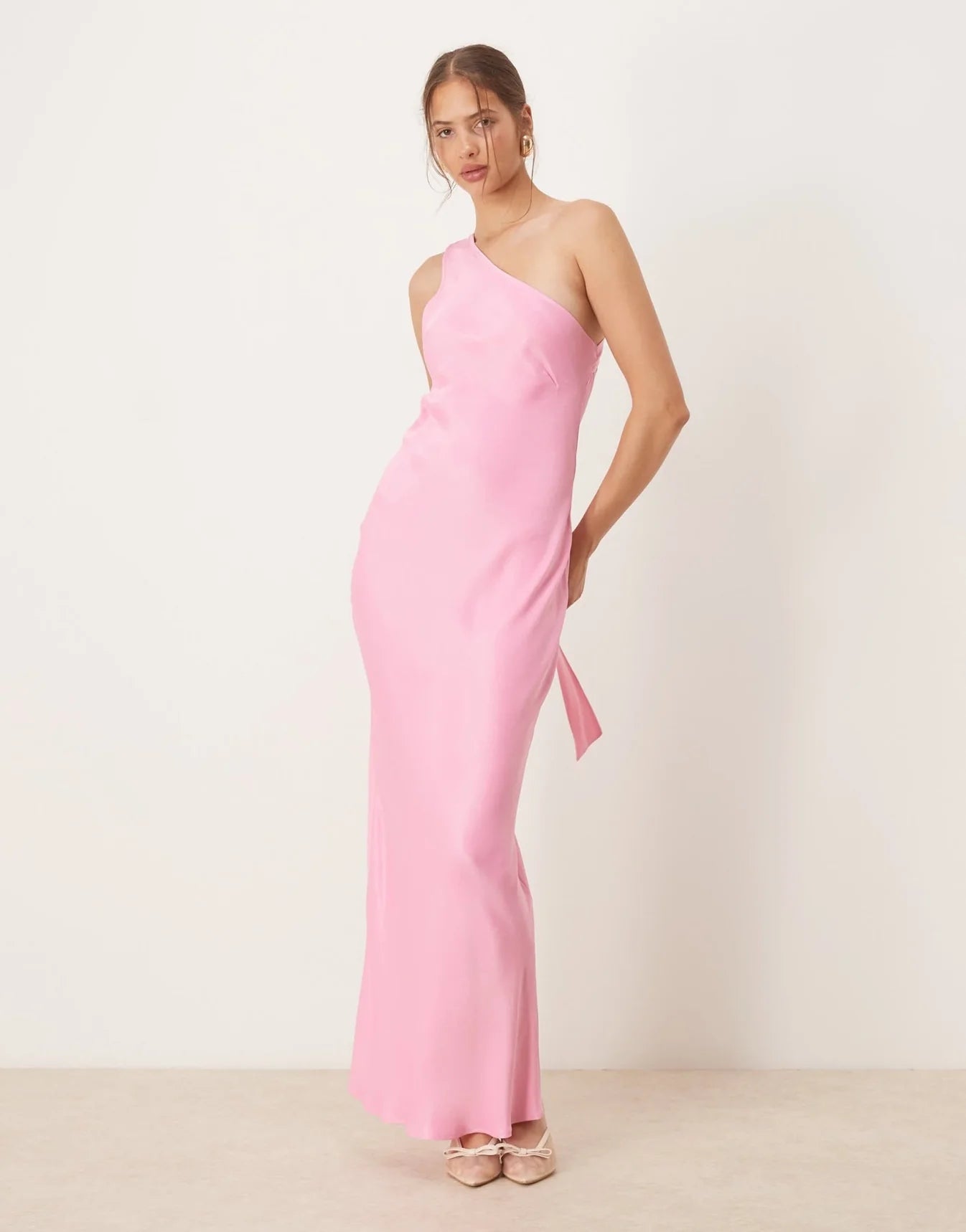 ASOS DESIGN satin one shoulder maxi dress in pink