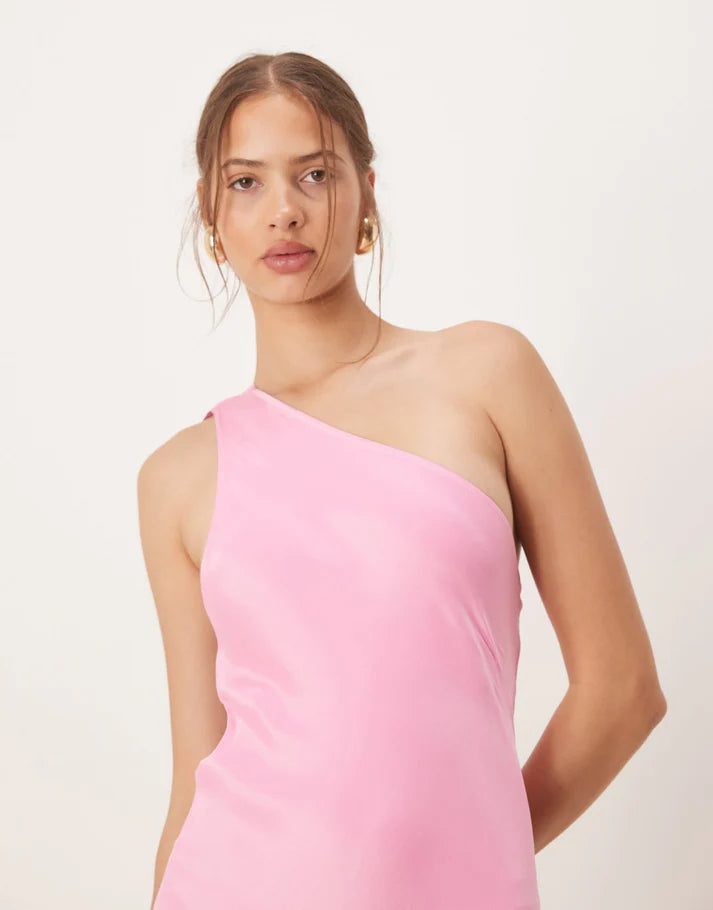ASOS DESIGN satin one shoulder maxi dress in pink