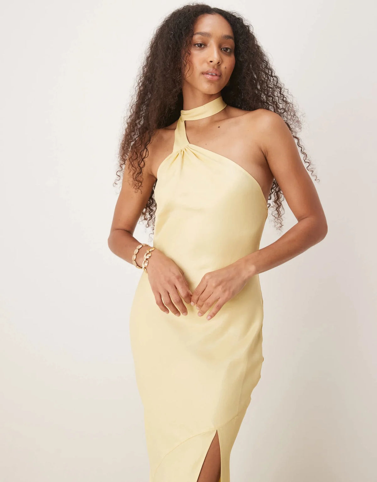 ASOS DESIGN satin tie neck detail maxi slip dress in buttermilk