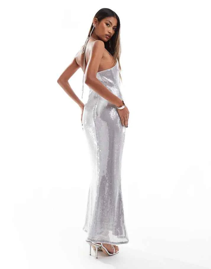 ASOS DESIGN sheer sequin corsage bust detail midi dress in silver