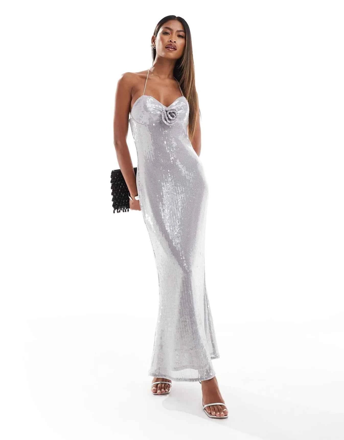 ASOS DESIGN sheer sequin corsage bust detail midi dress in silver