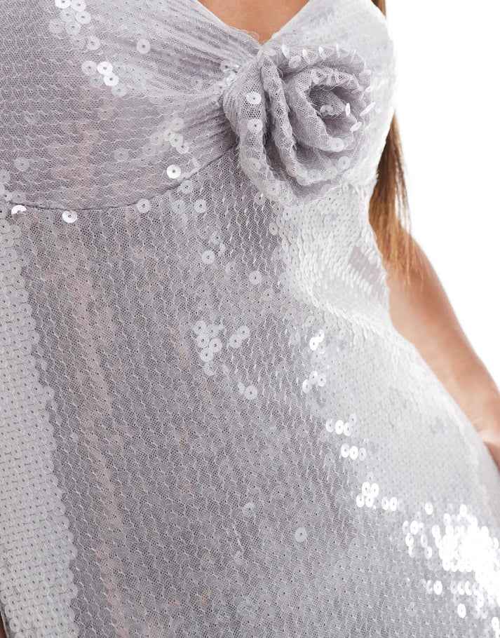 ASOS DESIGN sheer sequin corsage bust detail midi dress in silver