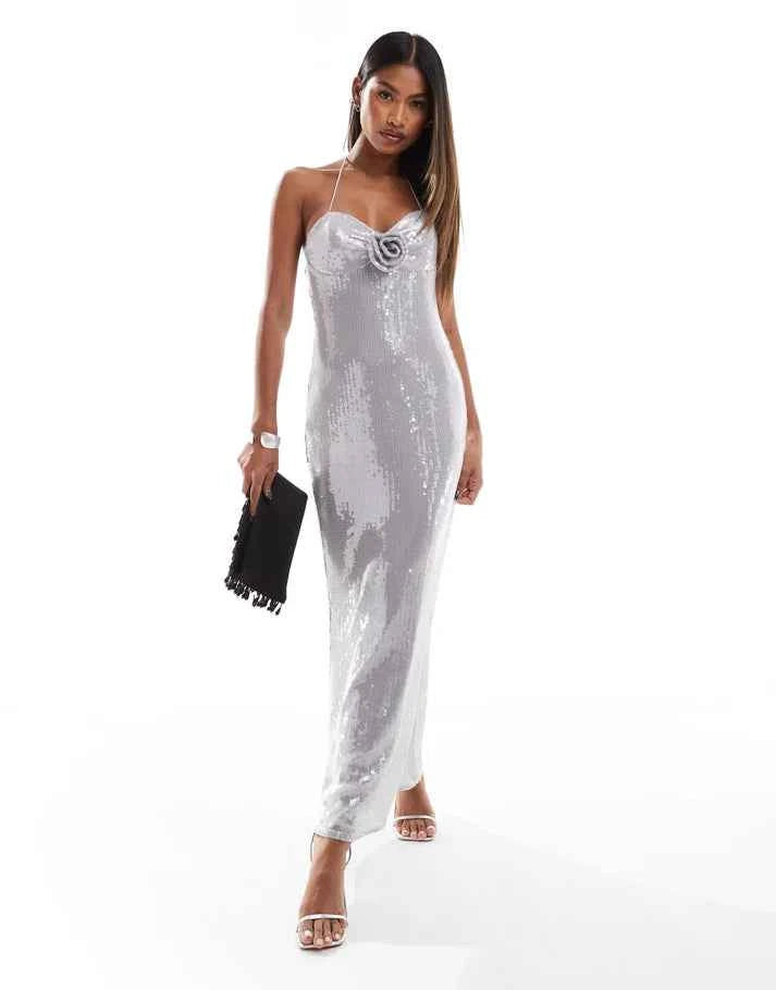 ASOS DESIGN sheer sequin corsage bust detail midi dress in silver