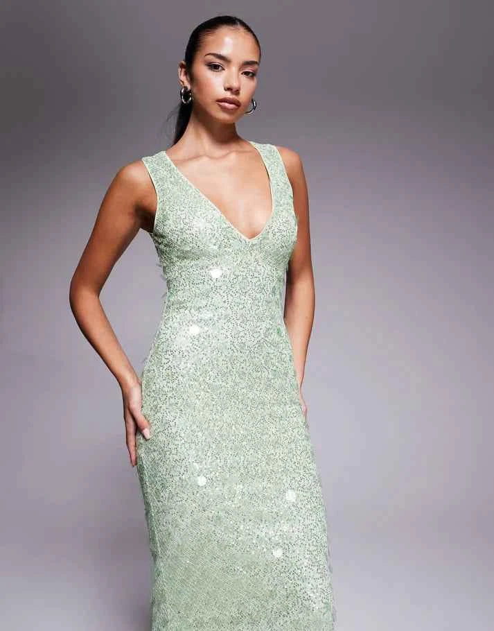 ASOS DESIGN statement embellished textured plunge maxi dress with mixed sequins in green