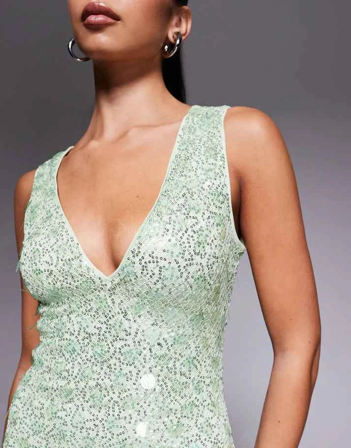 ASOS DESIGN statement embellished textured plunge maxi dress with mixed sequins in green