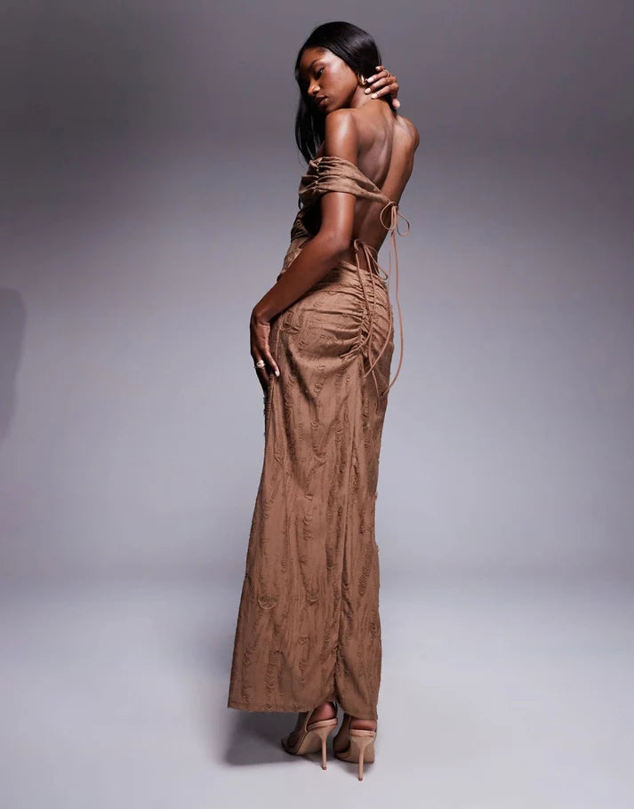 ASOS DESIGN textured distressed bardot midi dress with raw panels in chocolate