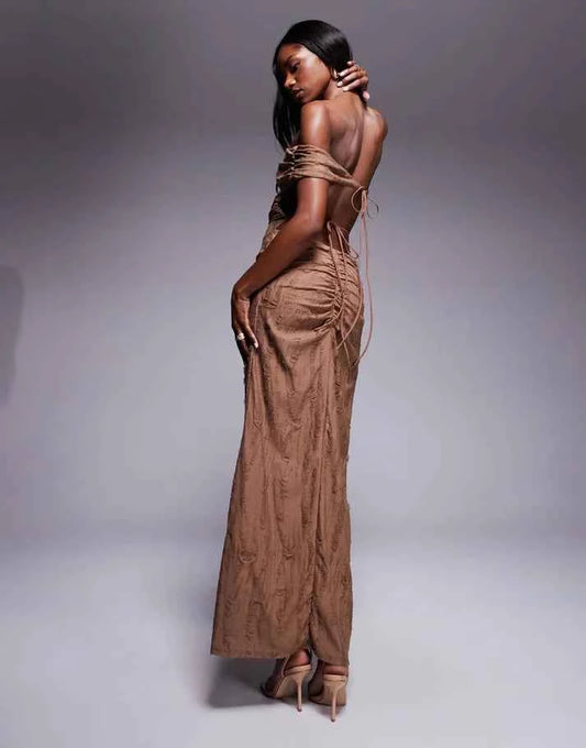 ASOS DESIGN textured distressed bardot midi dress with raw panels in chocolate