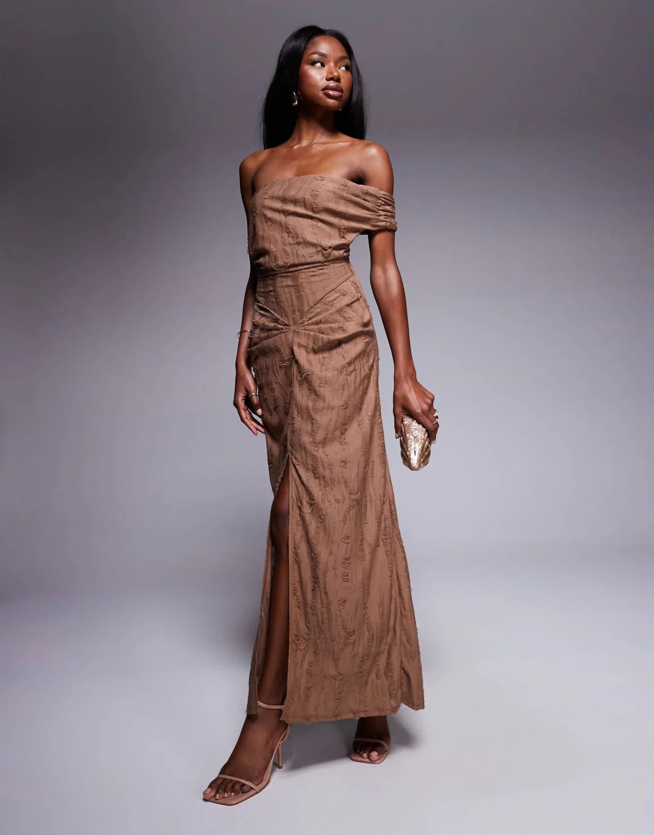 ASOS DESIGN textured distressed bardot midi dress with raw panels in chocolate