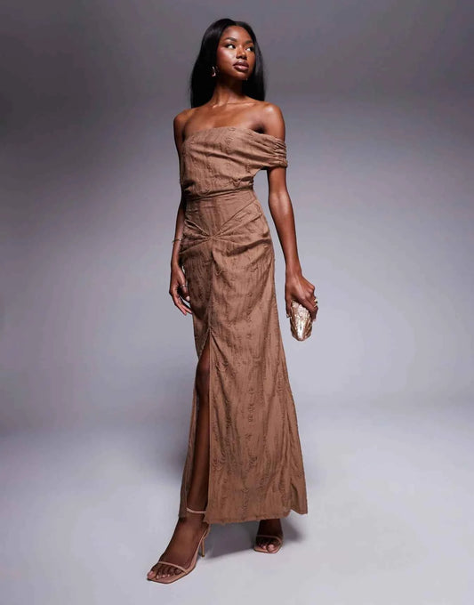 ASOS DESIGN textured distressed bardot midi dress with raw panels in chocolate