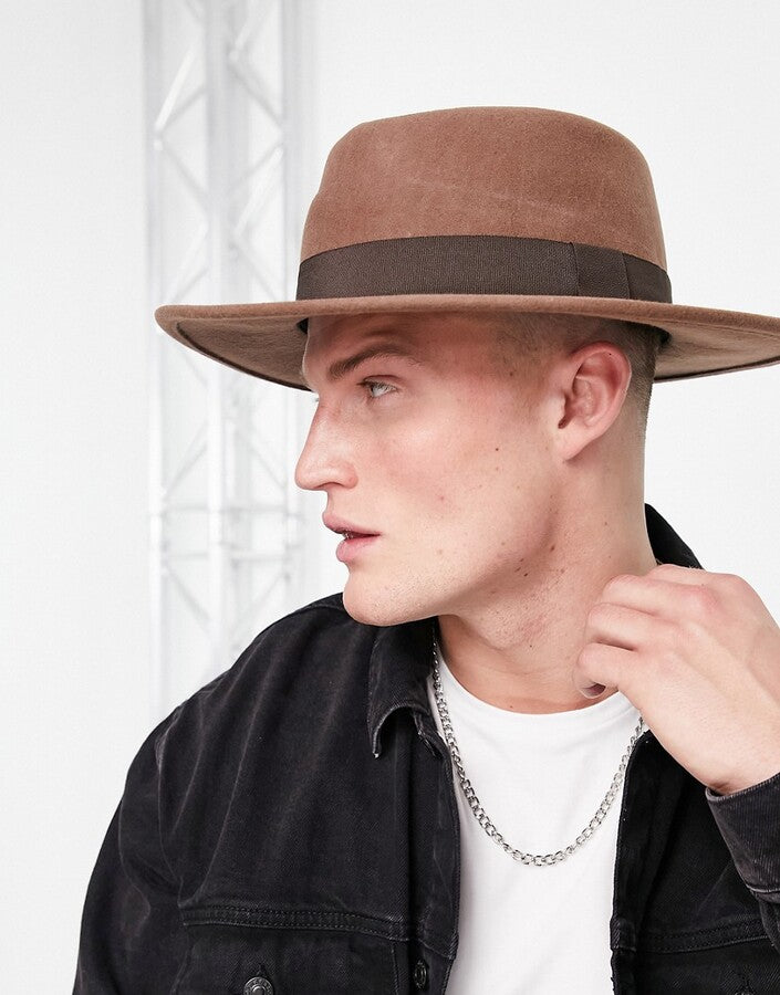 Wool Wide Brim Pork Pie Hat In Camel With Band And Size Adjuster