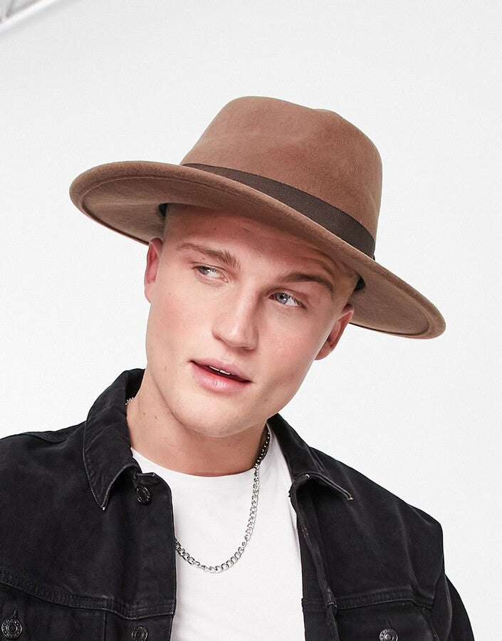 Wool Wide Brim Pork Pie Hat In Camel With Band And Size Adjuster