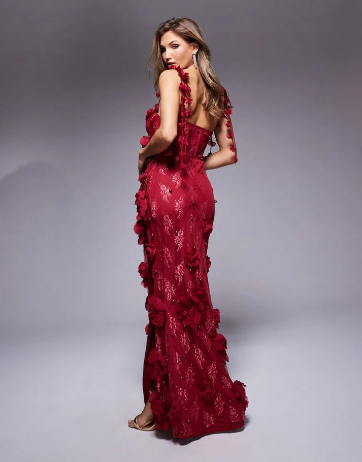 ASOS LUXE 3D floral embellished lace maxi dress in burgundy