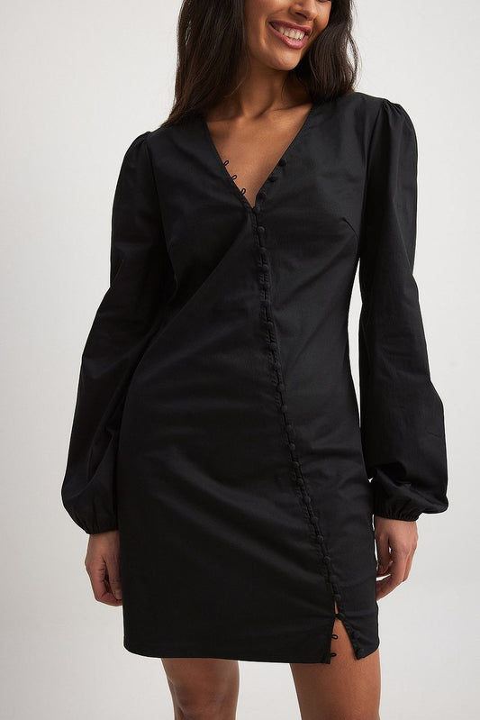 Asymmetric Buttoned Long Sleeve Mini Dress