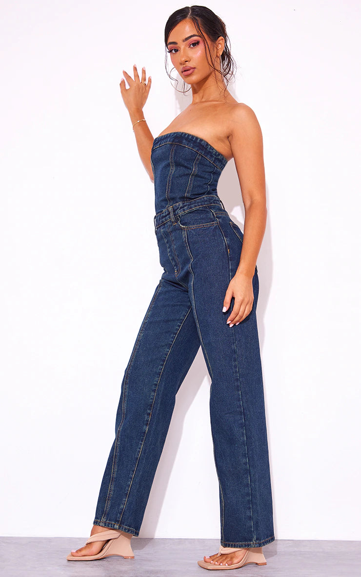 Petite Vintage Wash Bandeau Denim Wide Leg Jumpsuit