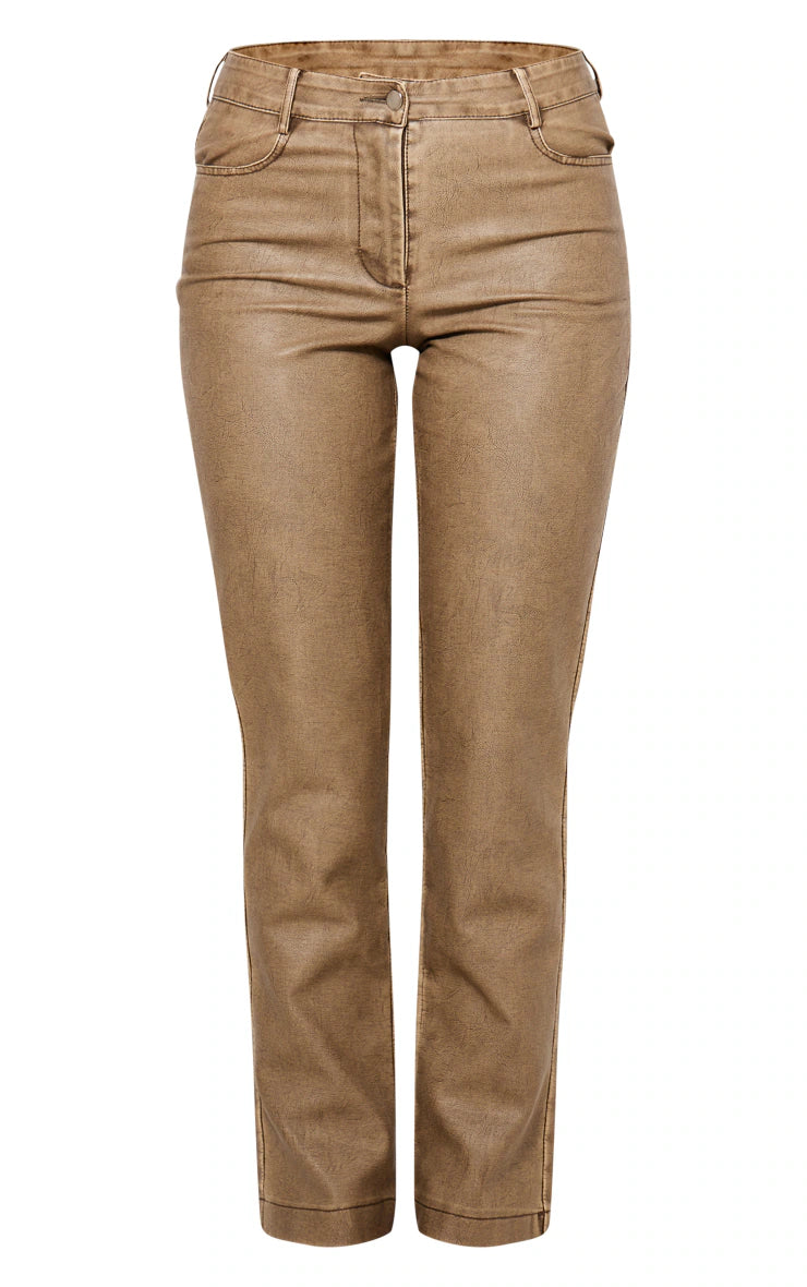 Premium Washed Light Brown Faux Leather Low Rise Straight Leg Trousers