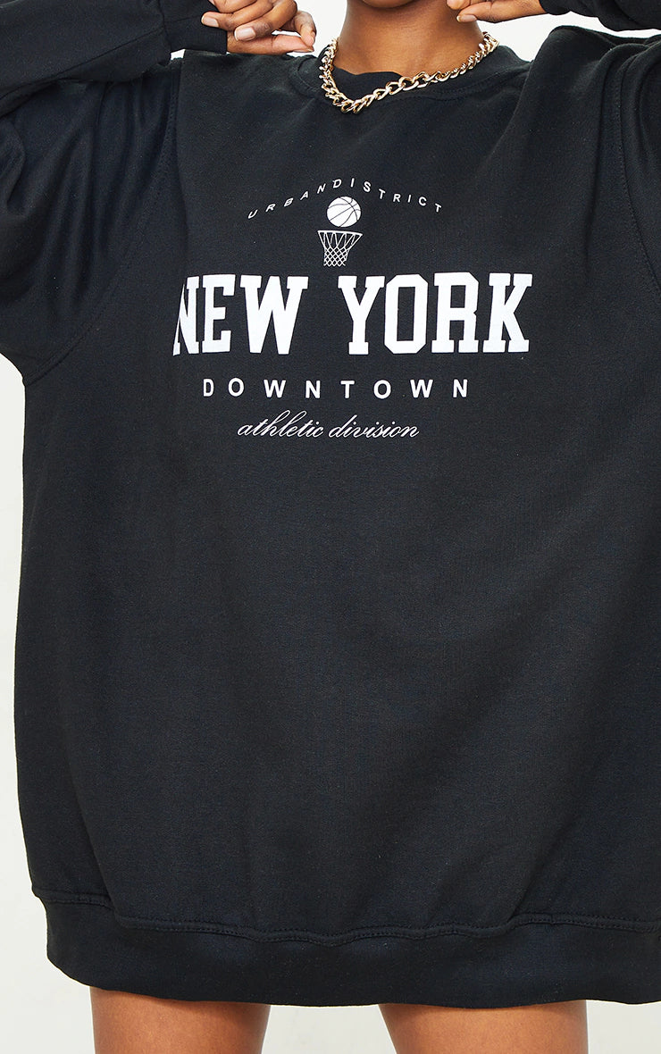 Black New York Downtown Slogan Printed Sweatshirt