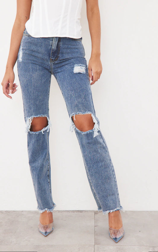 Vintage Wash High Rise Ripped Straight Leg Jeans