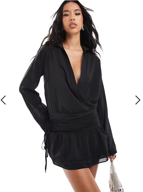 Kaiia exclusive plunge neck dropped waist ruffle hem mini dress in black