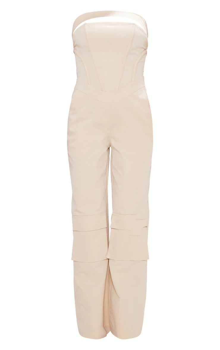 Petite Cream Corset Detail Cargo Jumpsuit