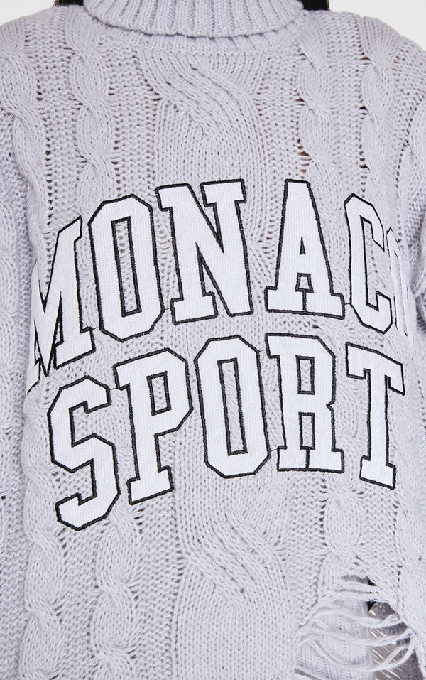 Plt - Grey Cable Knit Distressed Hem Embroidered Roll Neck Jumper