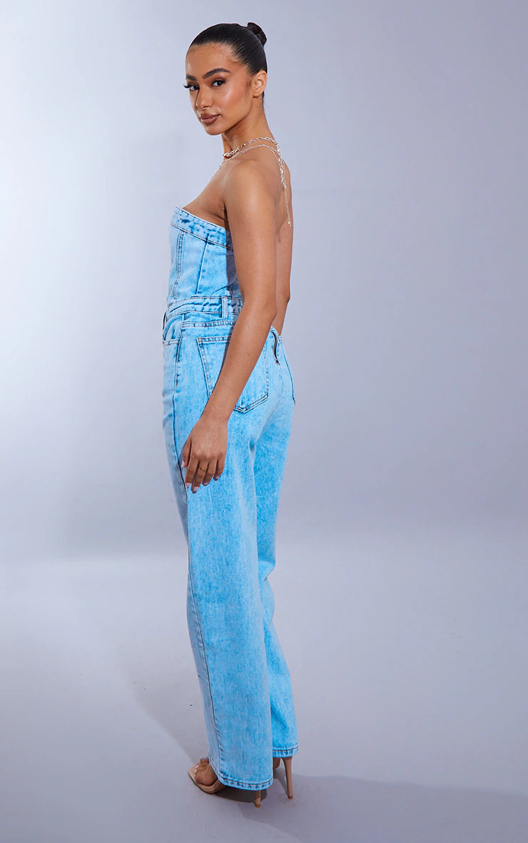 PETITE ACID BLUE WASH BANDEAU DENIM JUMPSUIT