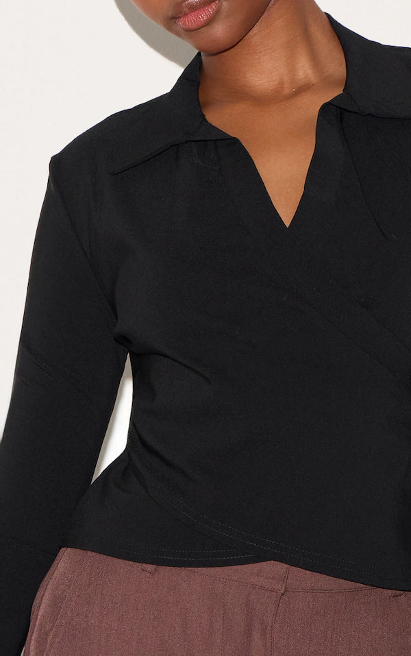 Black Bengaline Wrap Detail Fitted Shirt
