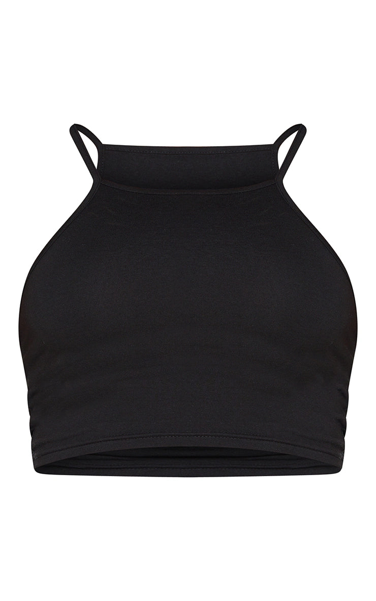 Basic Black Cotton Blend Racer Neck Crop Top
