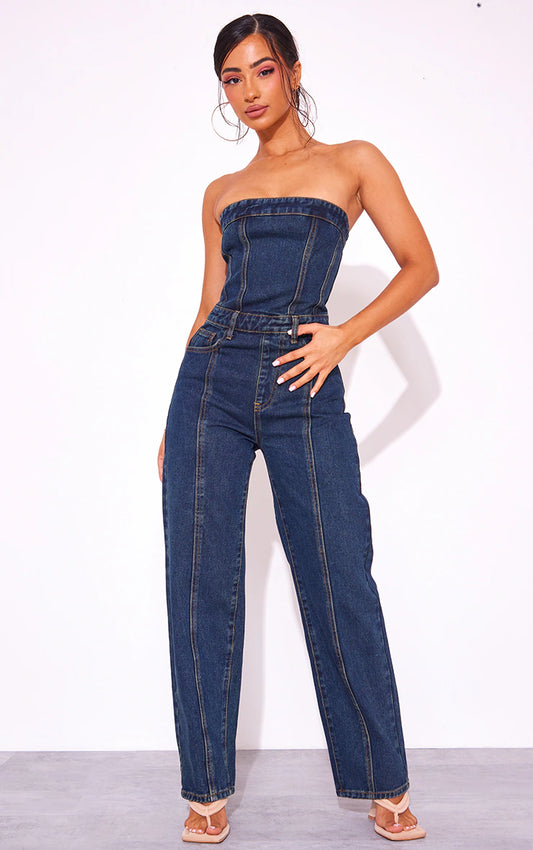 Petite Vintage Wash Bandeau Denim Wide Leg Jumpsuit