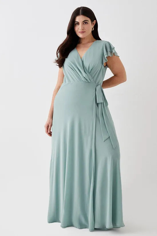 Plus Size Double Flutter Sleeve Wrap Bridesmaids Dress
