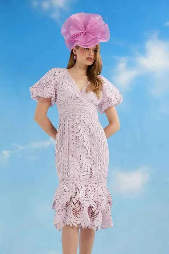 Coast - Lisa Tan Puff Sleeve Lace Pencil Dress