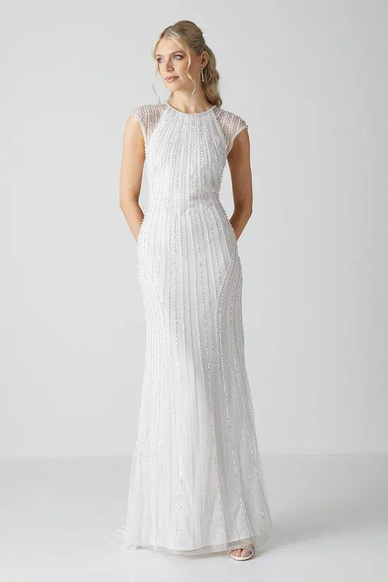 Embellished Cap Sleeve Linear Embellished Wedding Dress