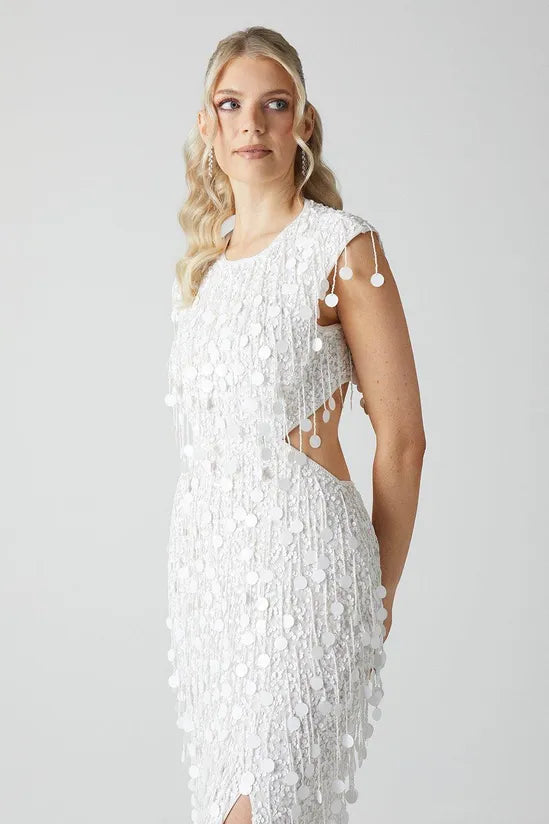 Embellished Open Back Fringe Midi Dress