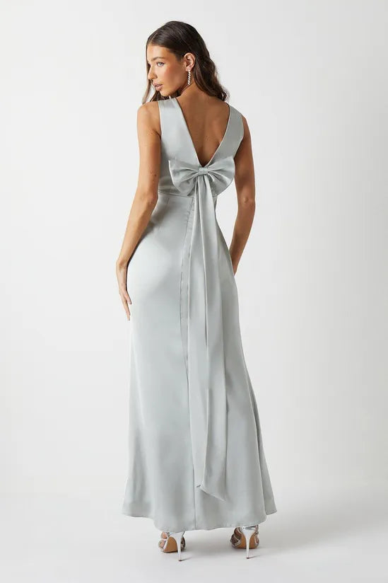 Bow Back V Neck Satin Bridesmaids Dress