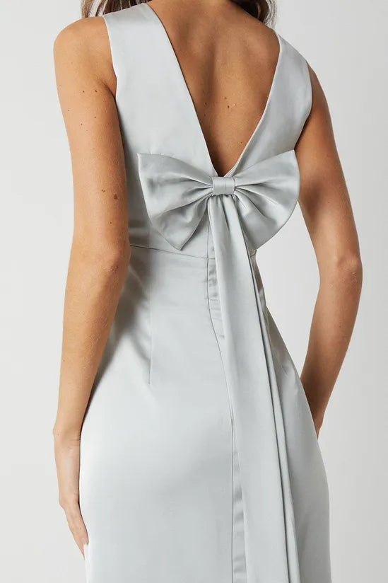 Bow Back V Neck Satin Bridesmaids Dress