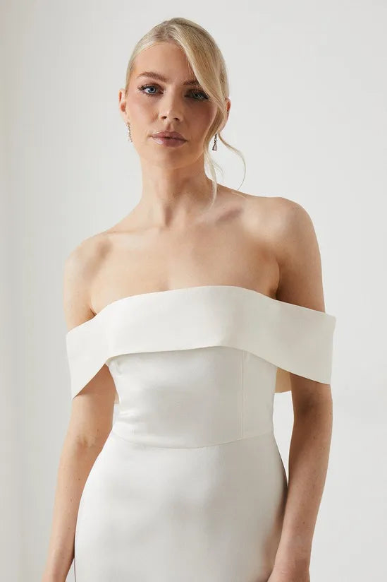 Satin Bardot Fishtail Maxi Dress With Train