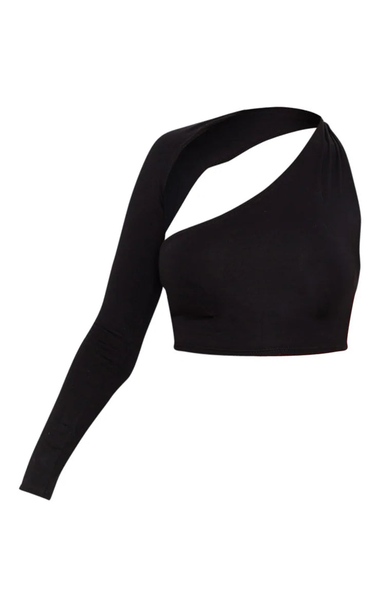 Black Cotton One Shoulder Asymmetric Crop Top