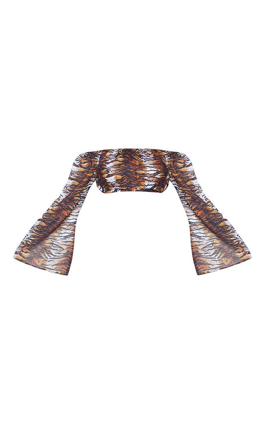 Brown Off The Shoulder Flare Sleeve Beach Top