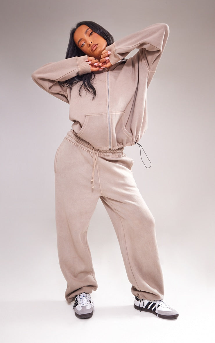 Stone Washed Oversized Front Pocket Toggle Hem Zip Up Hoodie