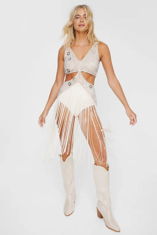 Premium Embellished Cut Out Fringe Bodysuit