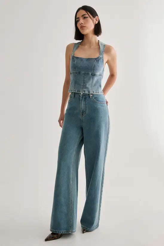 NastyGal Denim Lace Back Top