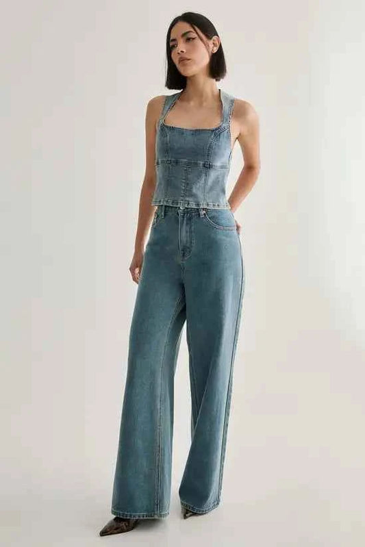 NastyGal Denim Lace Back Top
