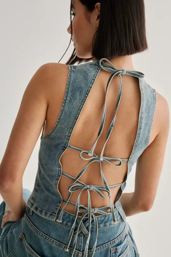 NastyGal Denim Lace Back Top