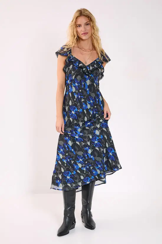 NastyGal Floral Chiffon Lace Trim Cap Sleeve Maxi Dress