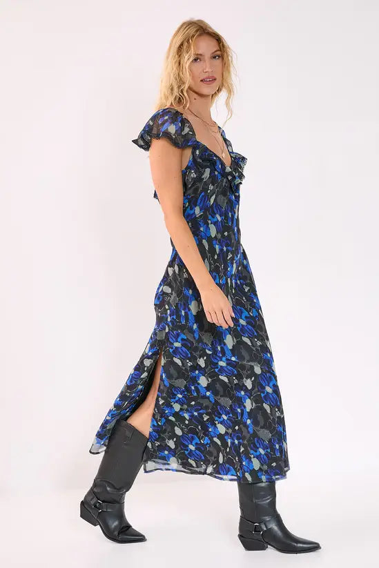 NastyGal Floral Chiffon Lace Trim Cap Sleeve Maxi Dress