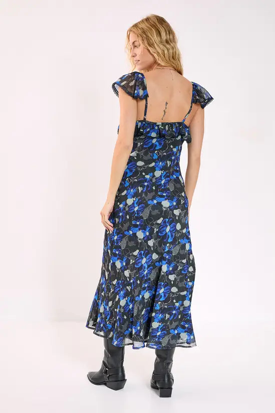NastyGal Floral Chiffon Lace Trim Cap Sleeve Maxi Dress